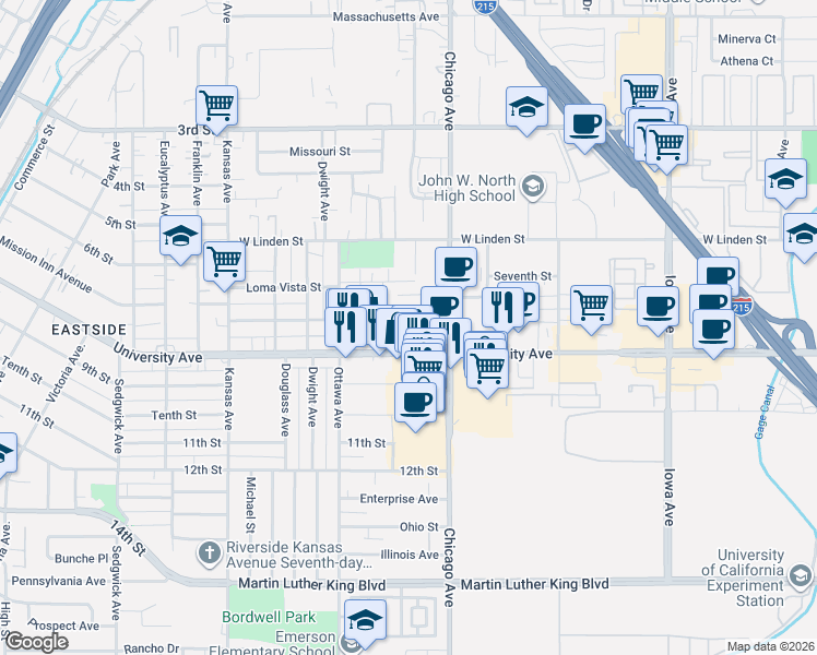 map of restaurants, bars, coffee shops, grocery stores, and more near 1744 7th Street in Riverside