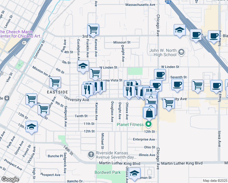 map of restaurants, bars, coffee shops, grocery stores, and more near 223 Dwight Avenue in Riverside