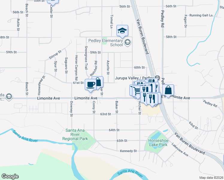 map of restaurants, bars, coffee shops, grocery stores, and more near 9131 Limonite Avenue in Riverside