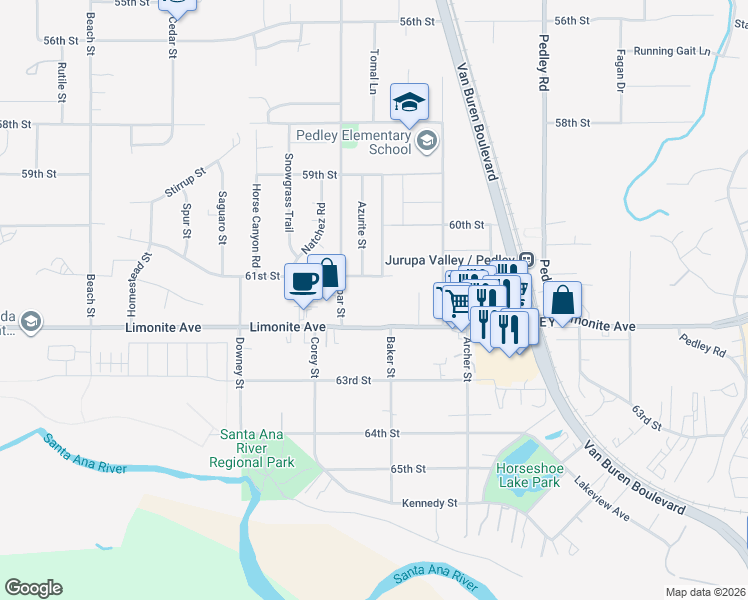 map of restaurants, bars, coffee shops, grocery stores, and more near 9131 Limonite Avenue in Riverside