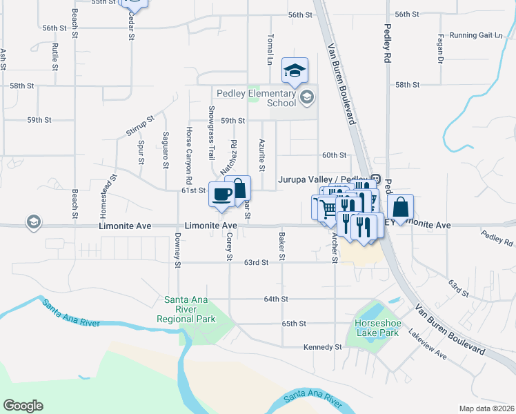 map of restaurants, bars, coffee shops, grocery stores, and more near 9131 Limonite Avenue in Riverside