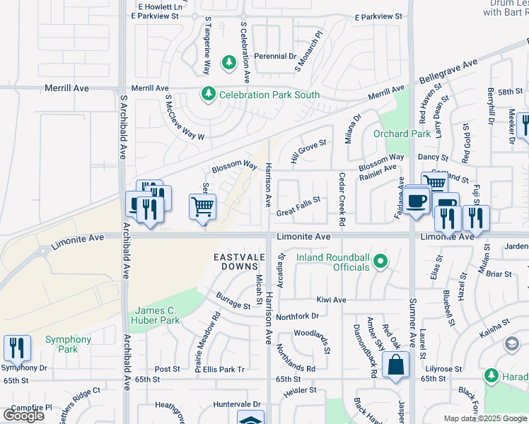 map of restaurants, bars, coffee shops, grocery stores, and more near 6088 El Prado Avenue in Eastvale