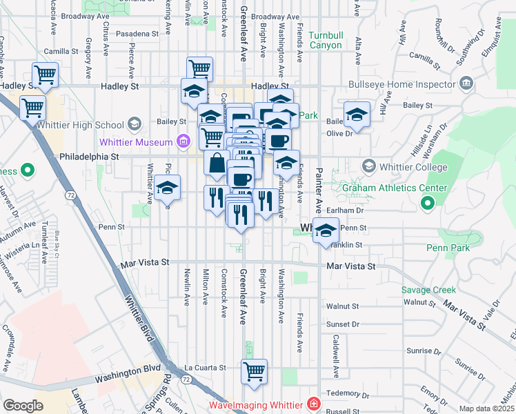 map of restaurants, bars, coffee shops, grocery stores, and more near 7215 Bright Avenue in Whittier
