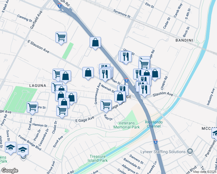 map of restaurants, bars, coffee shops, grocery stores, and more near 7533 Neenah Street in Commerce
