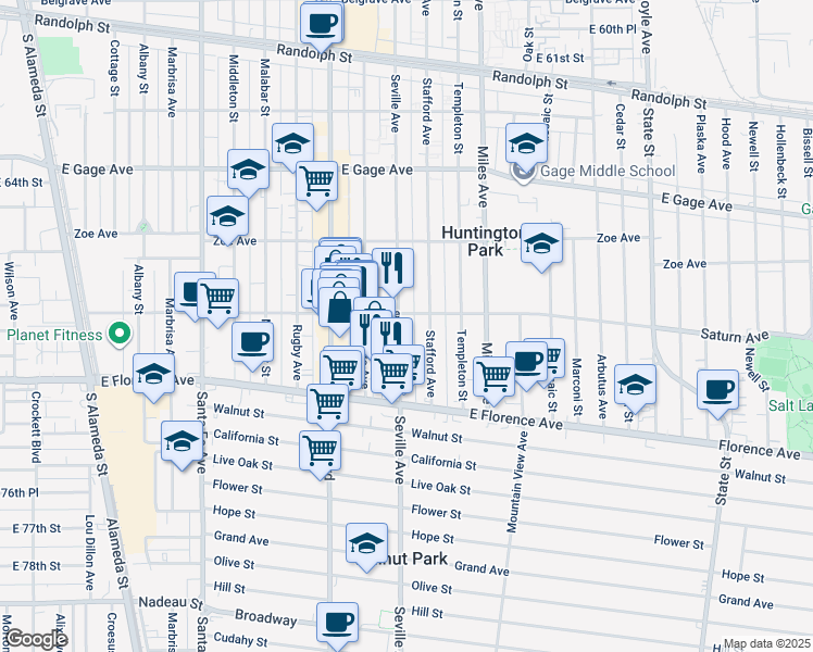 map of restaurants, bars, coffee shops, grocery stores, and more near 6913 Seville Avenue in Huntington Park