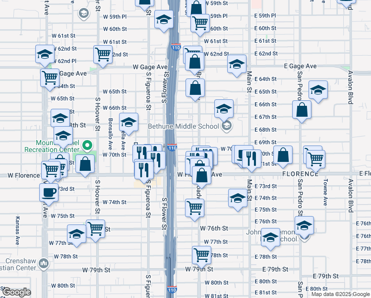 map of restaurants, bars, coffee shops, grocery stores, and more near 336 West 70th Street in Los Angeles