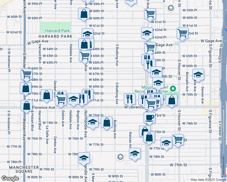 map of restaurants, bars, coffee shops, grocery stores, and more near 1201 West 70th Street in Los Angeles