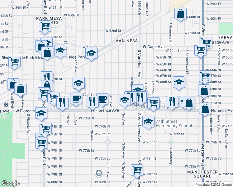 map of restaurants, bars, coffee shops, grocery stores, and more near 6760 4th Avenue in Los Angeles