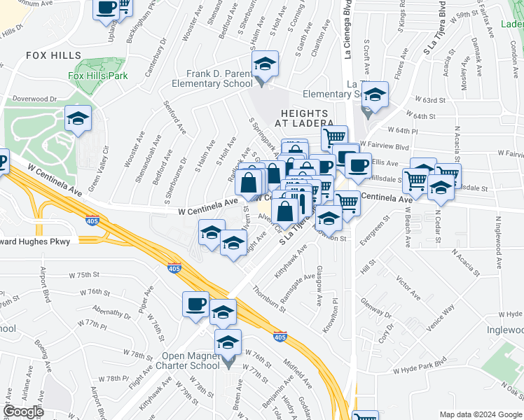 map of restaurants, bars, coffee shops, grocery stores, and more near 6925 La Tijera Boulevard in Los Angeles
