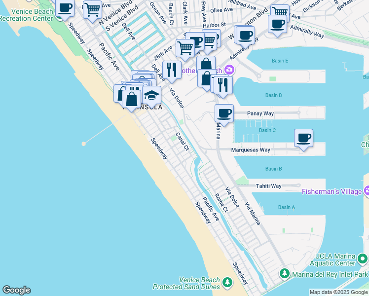map of restaurants, bars, coffee shops, grocery stores, and more near 114 Fleet Street in Marina del Rey