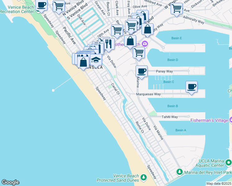 map of restaurants, bars, coffee shops, grocery stores, and more near 114 Fleet Street in Marina del Rey