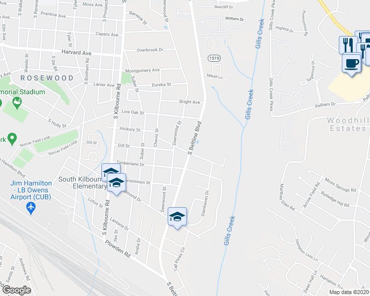 map of restaurants, bars, coffee shops, grocery stores, and more near 4021 Hickory Street in Columbia