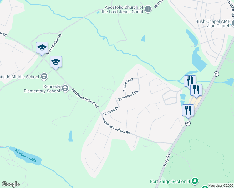 map of restaurants, bars, coffee shops, grocery stores, and more near 132 Poplar Way in Winder
