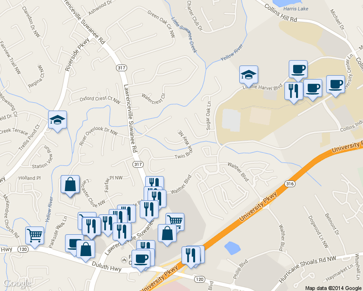 map of restaurants, bars, coffee shops, grocery stores, and more near 300 Twin Brook Way Northwest in Lawrenceville