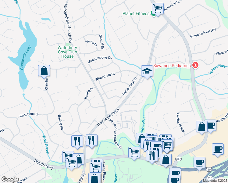 map of restaurants, bars, coffee shops, grocery stores, and more near 1416 Emerald Pine Court in Lawrenceville