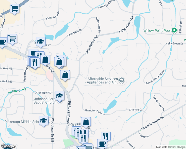 map of restaurants, bars, coffee shops, grocery stores, and more near 1154 Clarendon Drive in Marietta