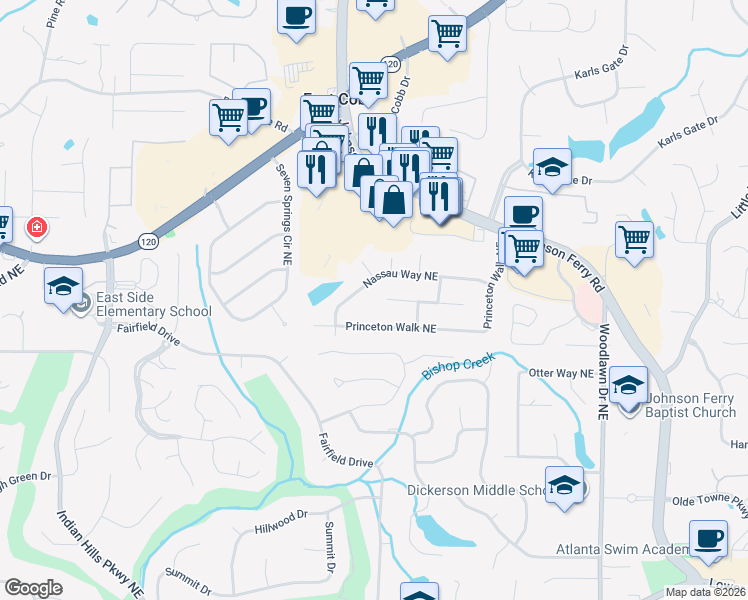 map of restaurants, bars, coffee shops, grocery stores, and more near 4321 Cornwallis Court in Marietta