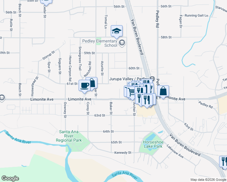 map of restaurants, bars, coffee shops, grocery stores, and more near 9081 Limonite Avenue in Riverside