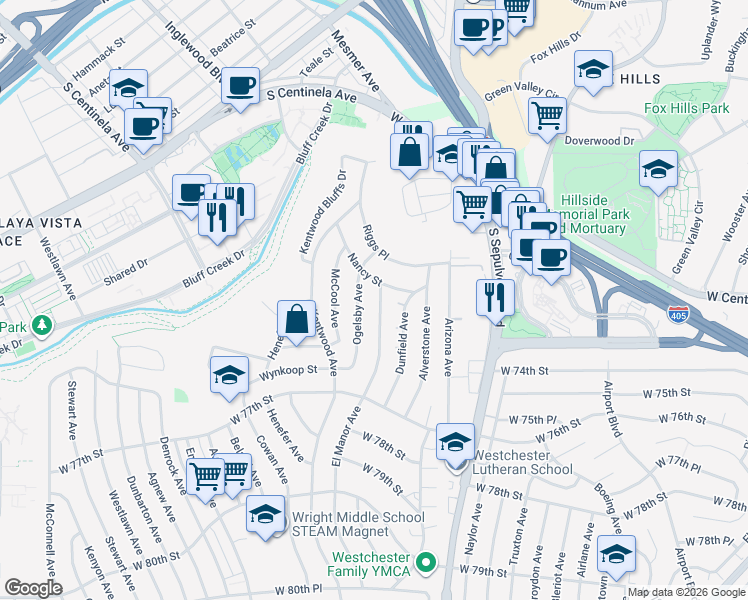 map of restaurants, bars, coffee shops, grocery stores, and more near 7217 El Manor Avenue in Los Angeles