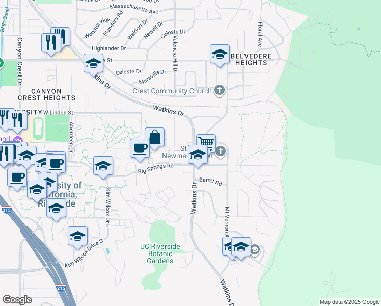 map of restaurants, bars, coffee shops, grocery stores, and more near 3721 Watkins Drive in Riverside