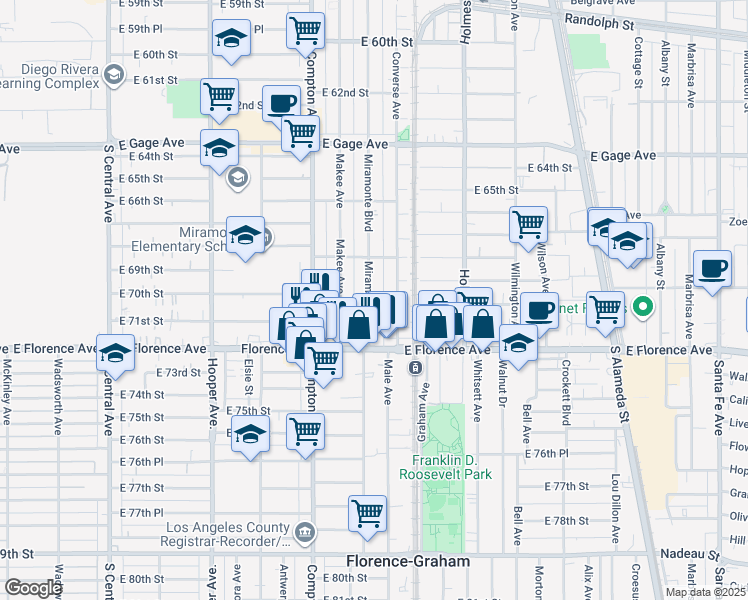 map of restaurants, bars, coffee shops, grocery stores, and more near 6924 Miramonte Boulevard in Los Angeles