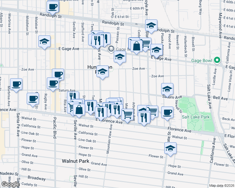 map of restaurants, bars, coffee shops, grocery stores, and more near 6909 Passaic Street in Huntington Park