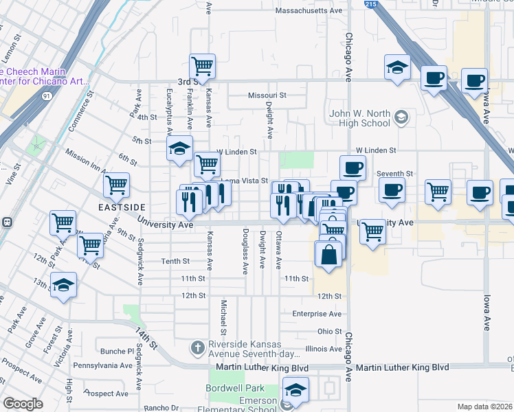 map of restaurants, bars, coffee shops, grocery stores, and more near 223 Dwight Avenue in Riverside