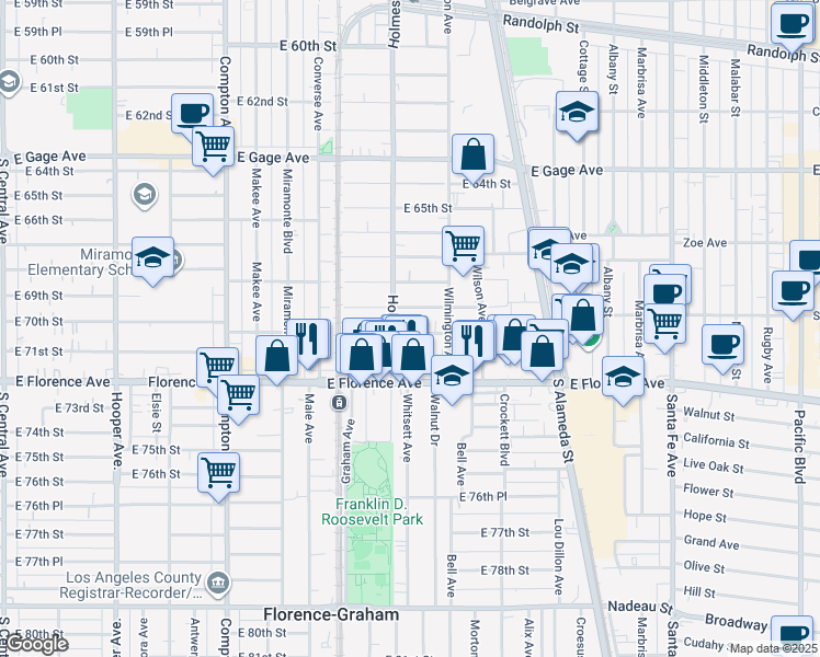 map of restaurants, bars, coffee shops, grocery stores, and more near 1817 East 70th Street in Los Angeles