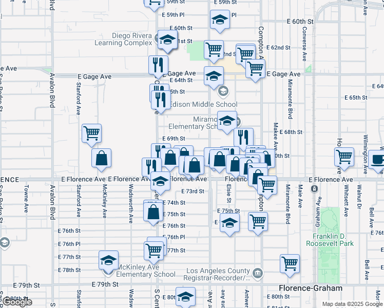 map of restaurants, bars, coffee shops, grocery stores, and more near 1214 East 70th Street in Los Angeles