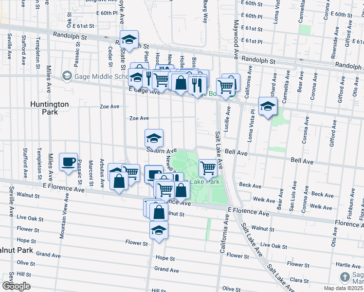 map of restaurants, bars, coffee shops, grocery stores, and more near 6845 Hollenbeck Street in Huntington Park
