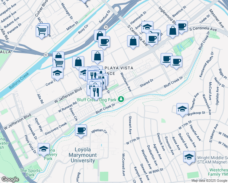 map of restaurants, bars, coffee shops, grocery stores, and more near 12700 Millennium Drive in Los Angeles