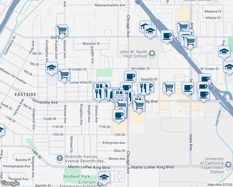 map of restaurants, bars, coffee shops, grocery stores, and more near 1774 Seventh Street in Riverside