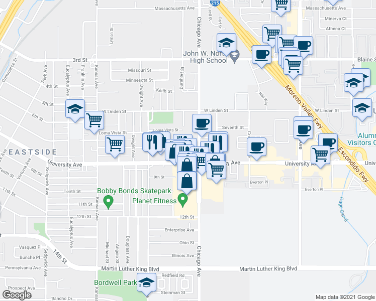 map of restaurants, bars, coffee shops, grocery stores, and more near 1744 Seventh Street in Riverside