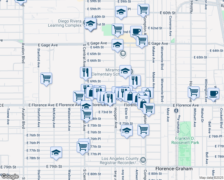 map of restaurants, bars, coffee shops, grocery stores, and more near 1246 East 70th Street in Los Angeles