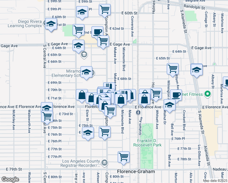 map of restaurants, bars, coffee shops, grocery stores, and more near 1529 East 70th Street in Los Angeles