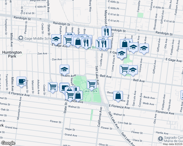 map of restaurants, bars, coffee shops, grocery stores, and more near 3427 Bell Avenue in Bell