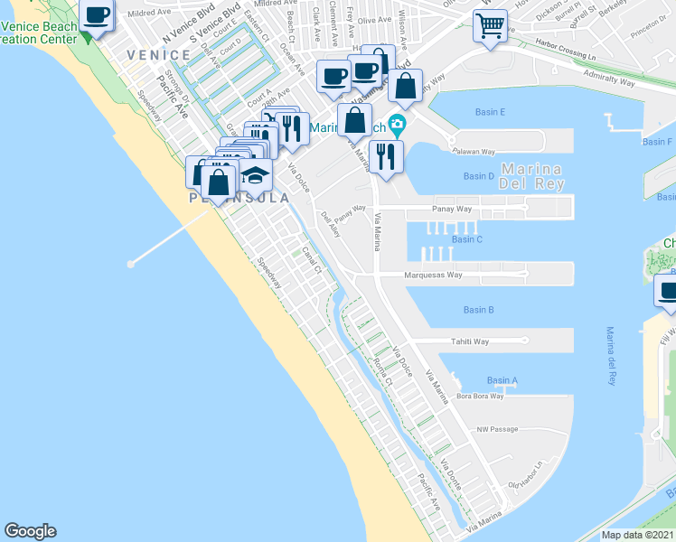map of restaurants, bars, coffee shops, grocery stores, and more near 3811 Via Dolce in Marina del Rey