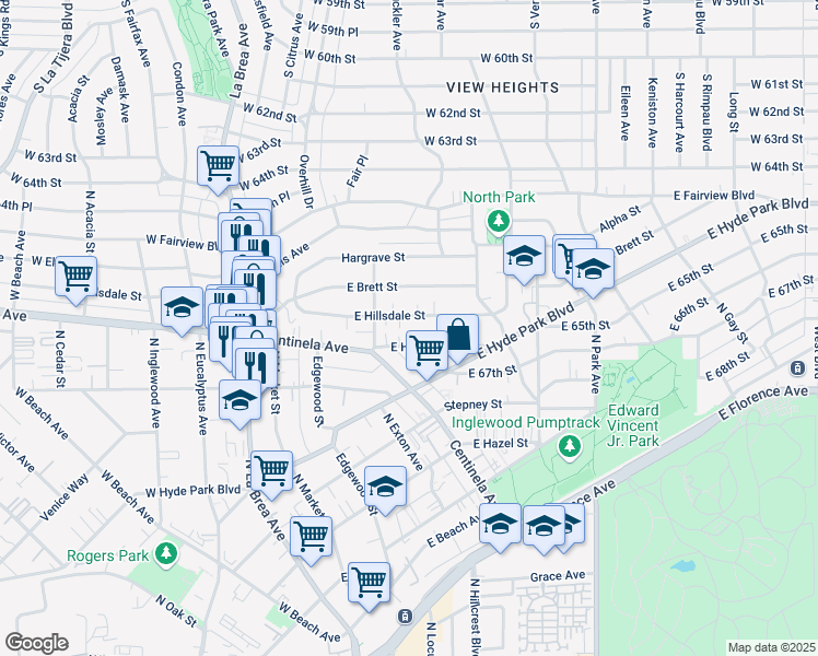 map of restaurants, bars, coffee shops, grocery stores, and more near 530 East Hillsdale Street in Inglewood