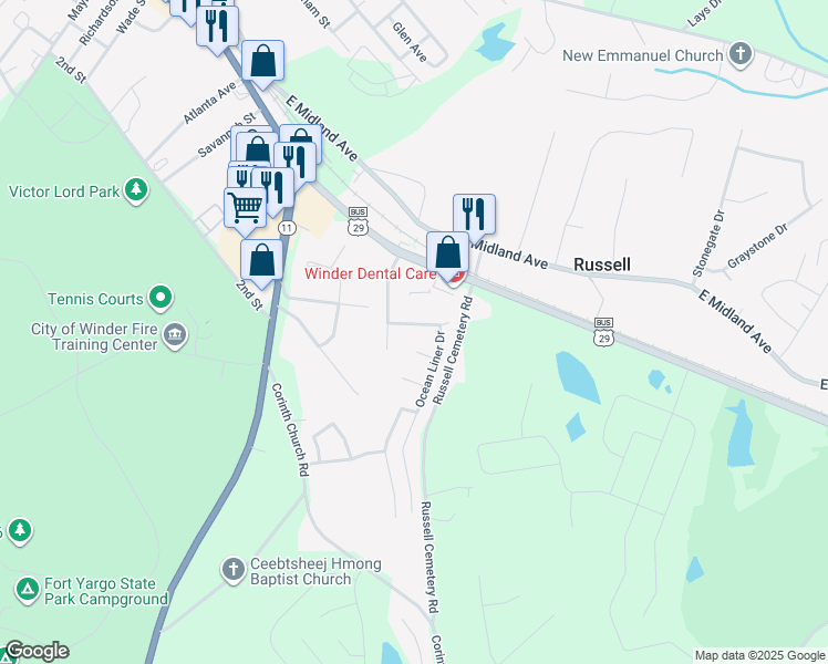 map of restaurants, bars, coffee shops, grocery stores, and more near 107 Lighthouse Way in Winder