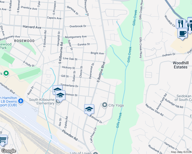 map of restaurants, bars, coffee shops, grocery stores, and more near 4021 Hickory Street in Columbia