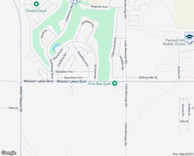 map of restaurants, bars, coffee shops, grocery stores, and more near Warwick Drive in Desert Hot Springs