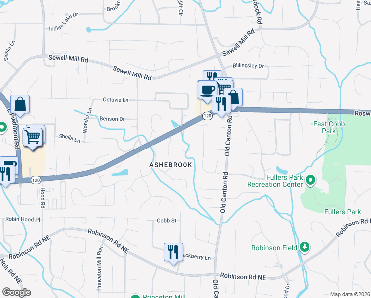 map of restaurants, bars, coffee shops, grocery stores, and more near 1107 Midsummer Court Northeast in Marietta