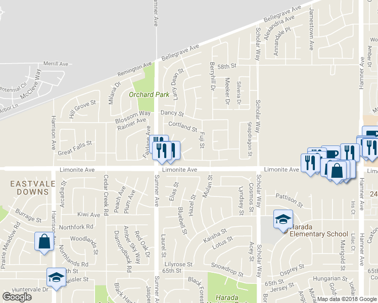 map of restaurants, bars, coffee shops, grocery stores, and more near 6150 McIntosh Court in Eastvale