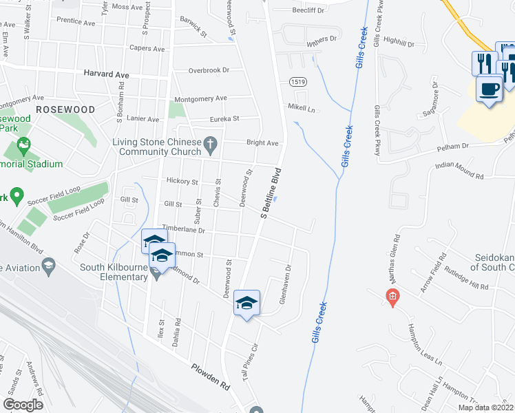 map of restaurants, bars, coffee shops, grocery stores, and more near 4021 Hickory Street in Columbia