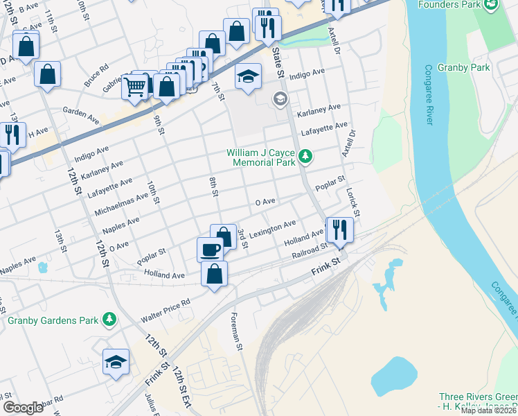 map of restaurants, bars, coffee shops, grocery stores, and more near 623 Oakland Ave in Cayce