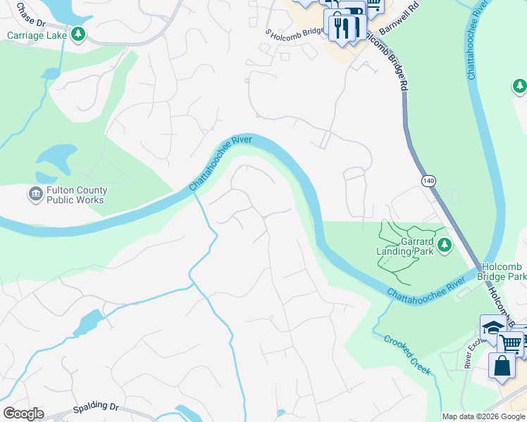 map of restaurants, bars, coffee shops, grocery stores, and more near 8151 Nesbit Ferry Rd in Atlanta