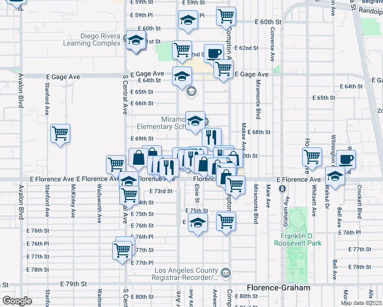 map of restaurants, bars, coffee shops, grocery stores, and more near 1334 East 70th Street in Los Angeles