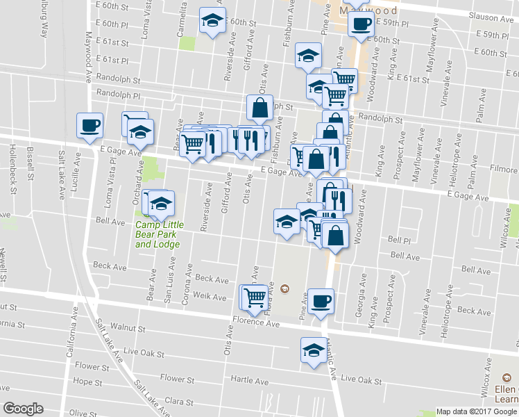 map of restaurants, bars, coffee shops, grocery stores, and more near 6609 Fishburn Avenue in Bell
