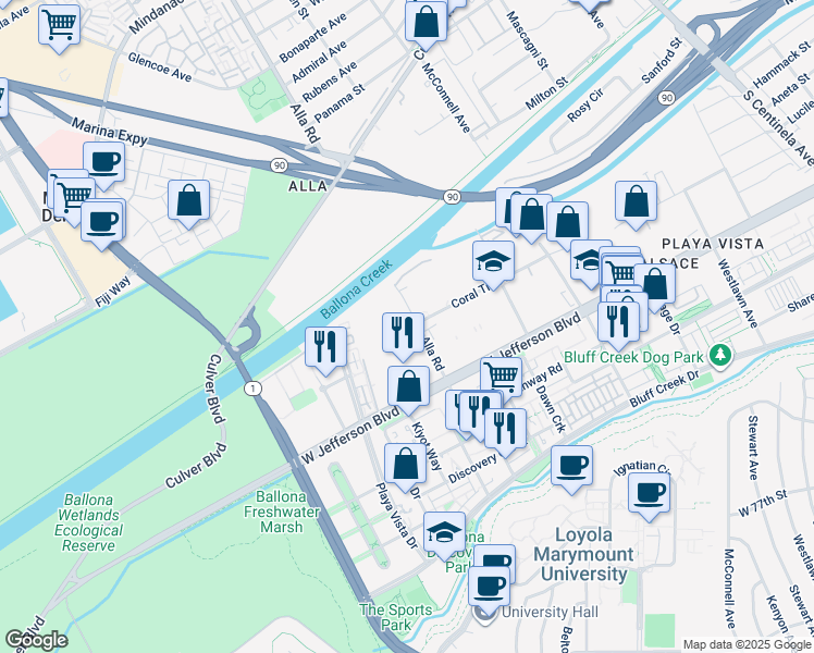 map of restaurants, bars, coffee shops, grocery stores, and more near 13031 West Jefferson Boulevard in Los Angeles