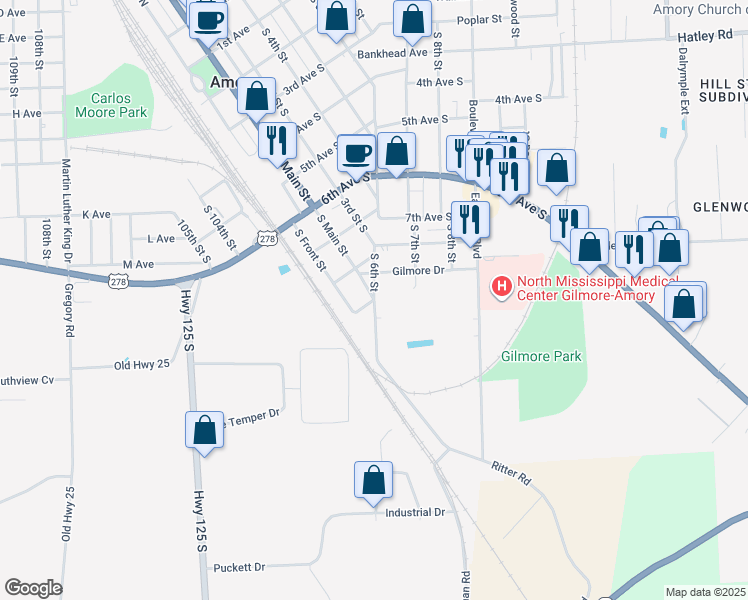map of restaurants, bars, coffee shops, grocery stores, and more near 900 South Main Street in Amory